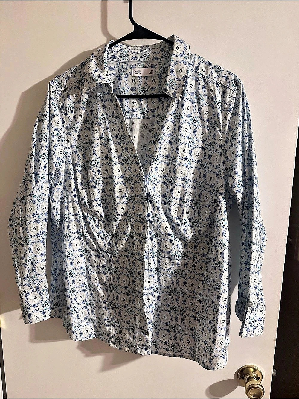 Croft & Barrow 1X Blue Floral Cotton Stretch Button Down Blouse